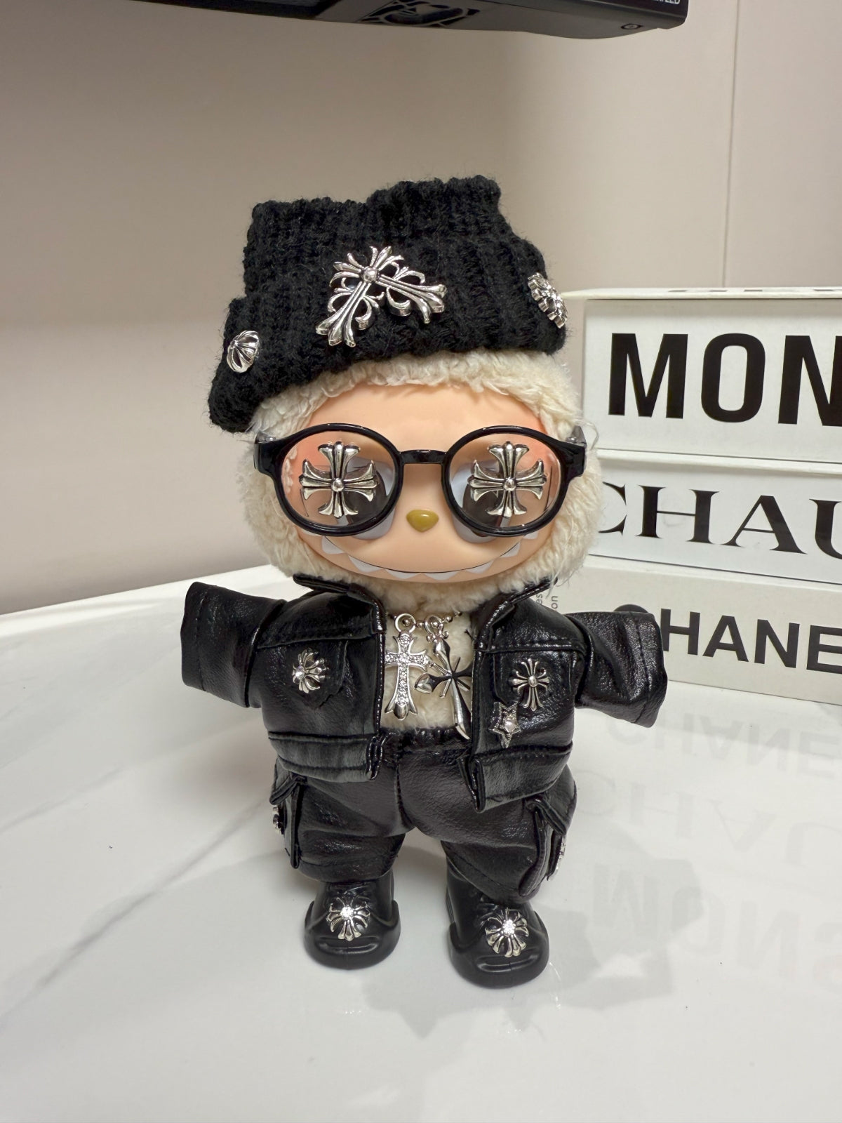 LABUBU Clothes Chrome Hearts Black Leather Jacket Set