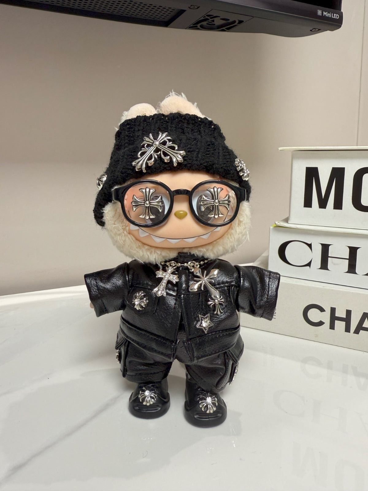 LABUBU Clothes Chrome Hearts Black Leather Jacket Set