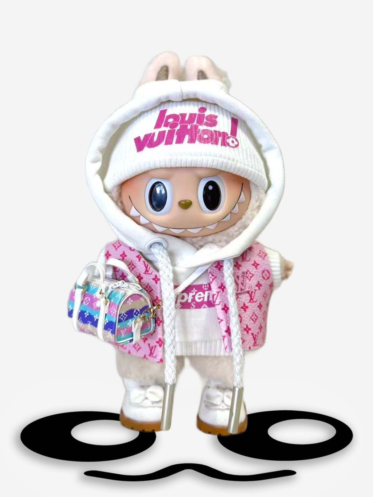LABUBU Clothes LV Pink Vest & Supreme White Hoodie Set
