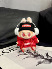 LABUBU Clothes Supreme Red Hoodie Set with White Headphones