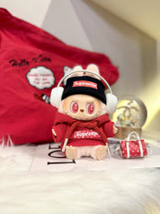 LABUBU Clothes Supreme Red Hoodie Set with White Headphones
