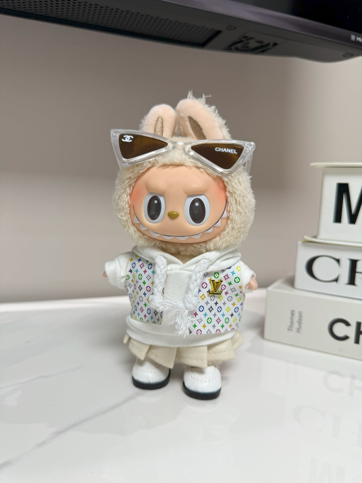 LABUBU Clothes LV White Multicolor Monogram Set with Chanel Beige Sunglasses