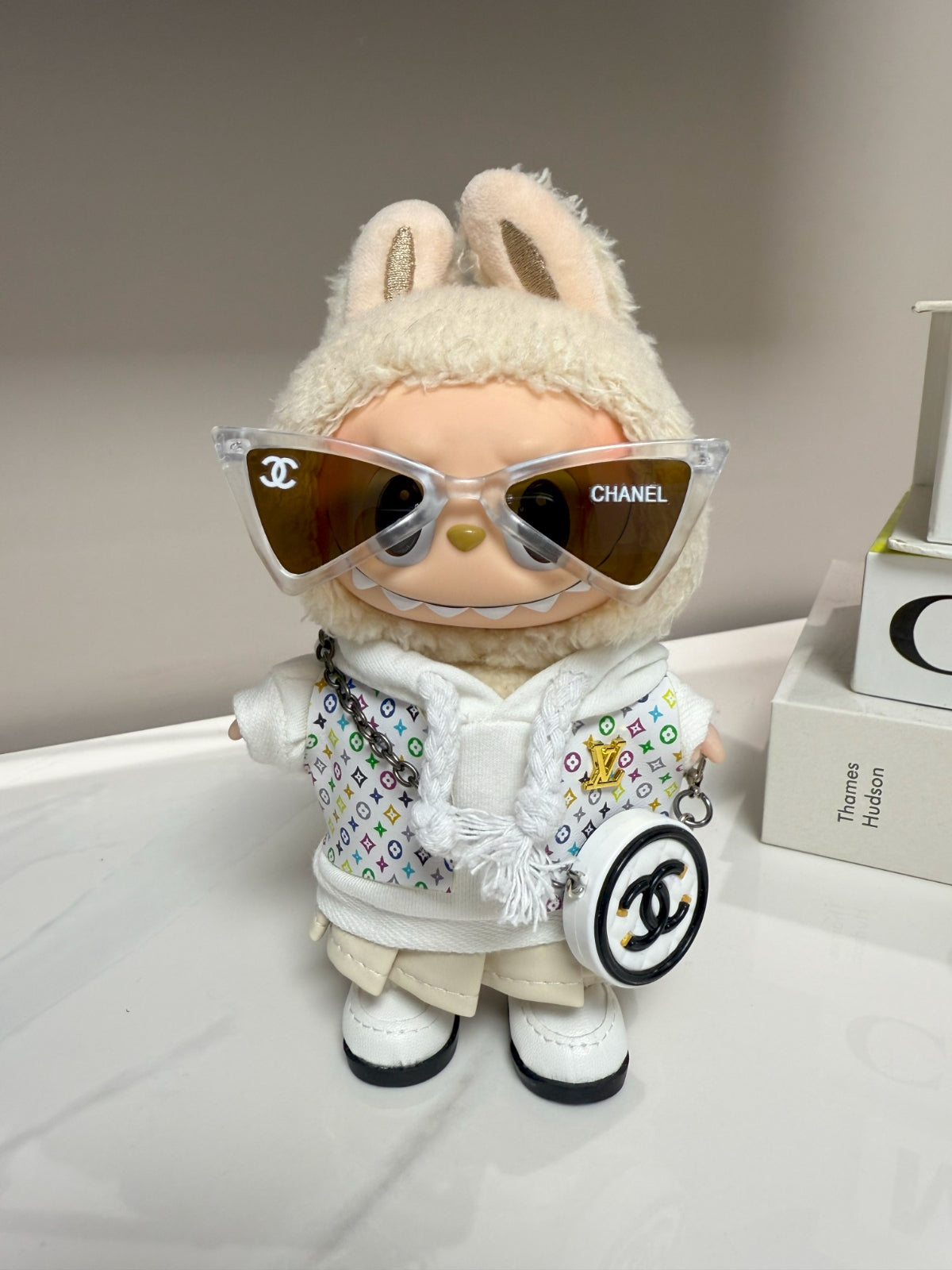 LABUBU Clothes LV White Multicolor Monogram Set with Chanel Beige Sunglasses