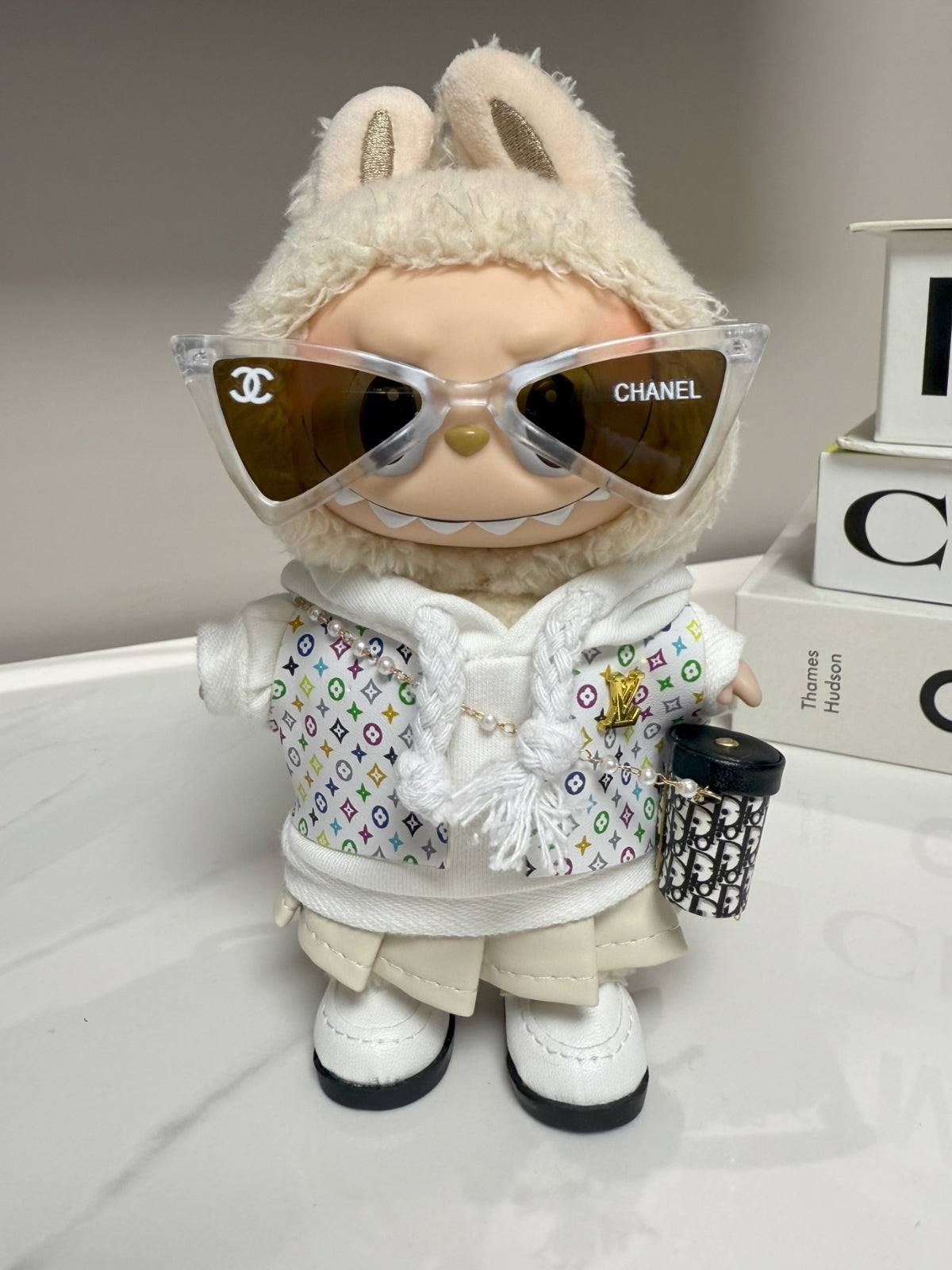 LABUBU Clothes LV White Multicolor Monogram Set with Chanel Beige Sunglasses