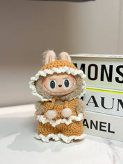 LABUBU Clothes Brown White Crochet Pom Pom Outfit