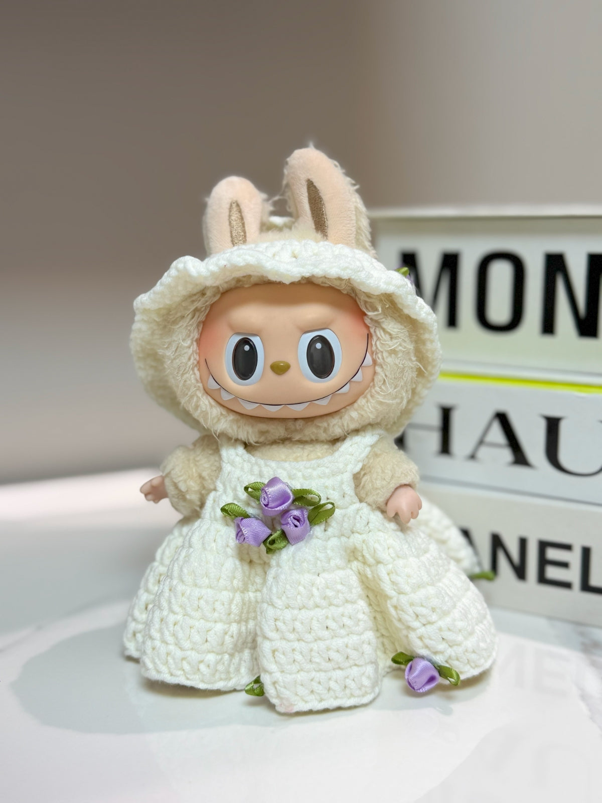 LABUBU Clothes White Crochet Purple Flower Dress